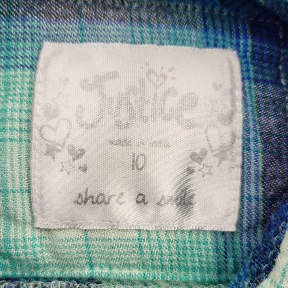 Justice Girls Blue Teal Plaid Button Down Shirt Roll Tab Sleeve Size 10 Rayon